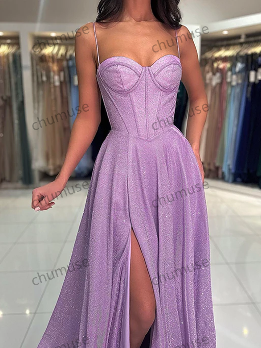 Purple Graduation Prom Dress Satin Slit Floor Length Skirt Formal Dress