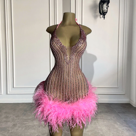 Sexy See Through Women Formal Birthday Party Gowns Halter Handmade Beaded Pink Feather Black Girls Short Prom Dresses