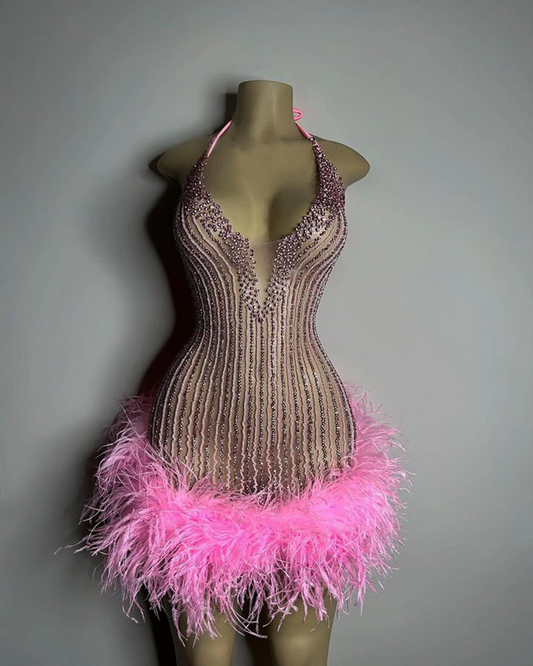 Sexy See Through Women Formal Birthday Party Gowns Halter Handmade Beaded Pink Feather Black Girls Short Prom Dresses 2023