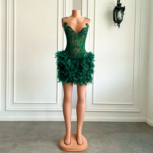 Real Luxury Black Girls Formal Occasion Birthday Party Dresses Emerald Green Feather Women Short Prom Dress 2023