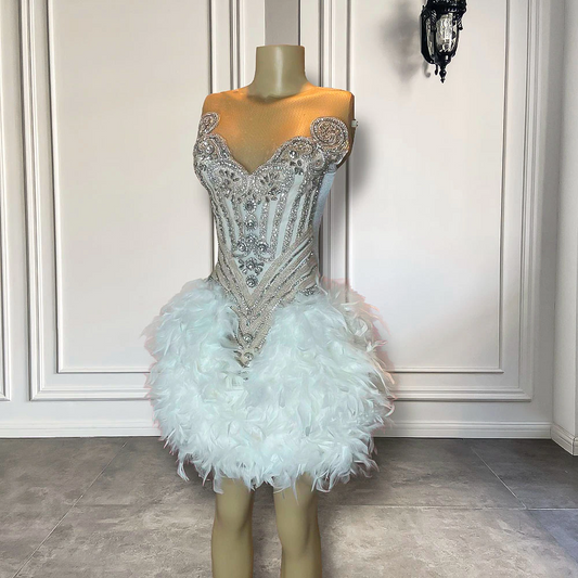 New Arrival Luxury Handmade Silver Diamond Women Birthday Party Formal Gowns White Feather Black Girls Short Prom Dresses 2023