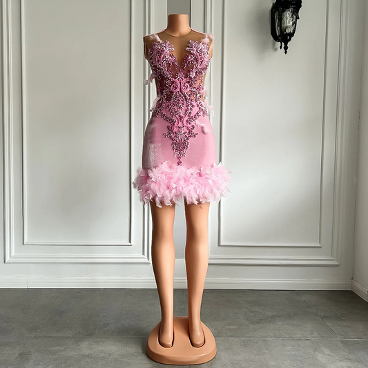 Real Women Cocktail Birthday Party Formal Gowns Sheer Mesh Beaded Embroidery Pink Velvet Black Girls Short Prom Dresses 2023
