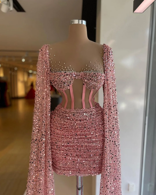 Gorgeous Pink Cocktail Dresses With Cape Corset Top Sequined Pleat Short Prom Gowns Sheer Neck Beaded vestido de fiesta de boda