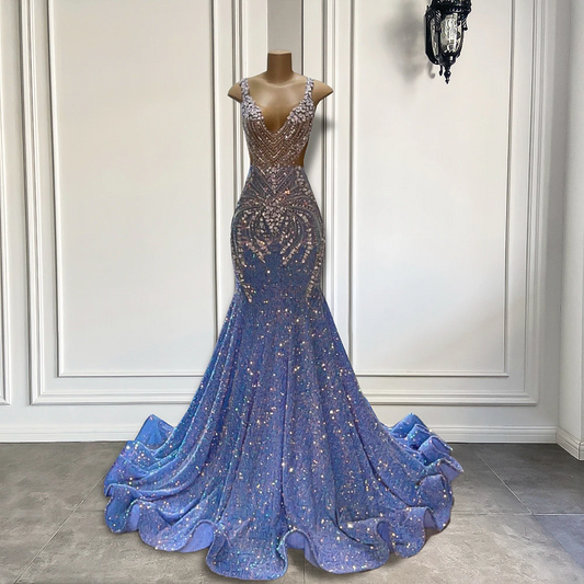 Luxury Long Prom Dresses Sparkly Mermaid Style Silver Crystals Light Blue Black Girls Prom Party Gowns