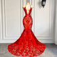 Long Sexy Prom Dress 2023 Halter Mermaid Style Backless Sparkly Red Sequin Black Girls Prom Gala Gowns