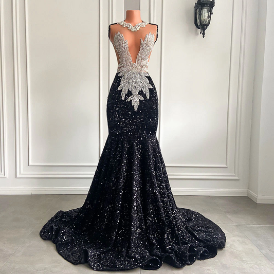 Long Black Prom Dresses 2023 Sexy Mermaid Style Luxury Sparkly Beaded Diamond Sequined African Girl Prom Gala Formal Gowns