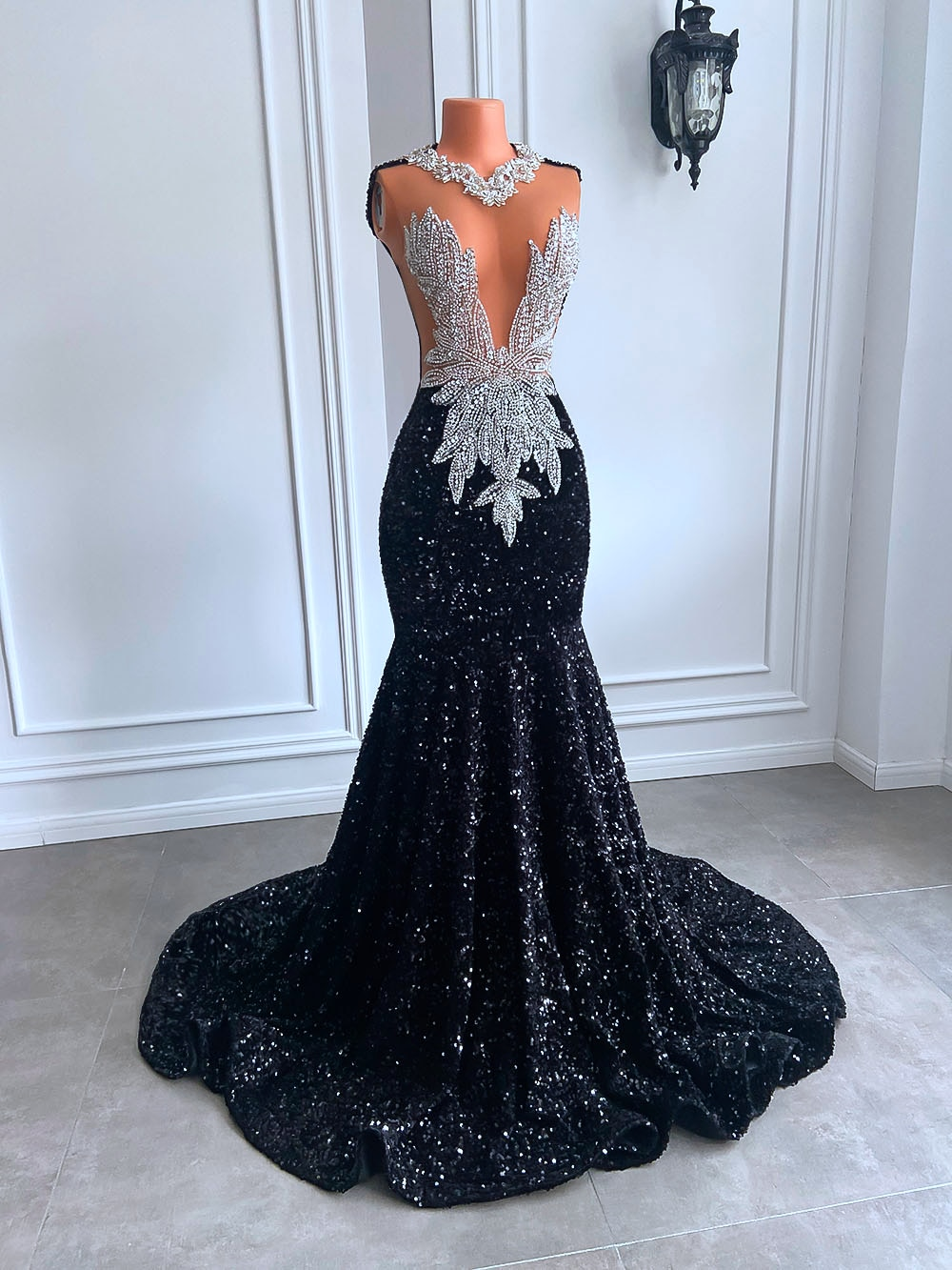 Long Black Prom Dresses 2023 Sexy Mermaid Style Luxury Sparkly Beaded Diamond Sequined African Girl Prom Gala Formal Gowns