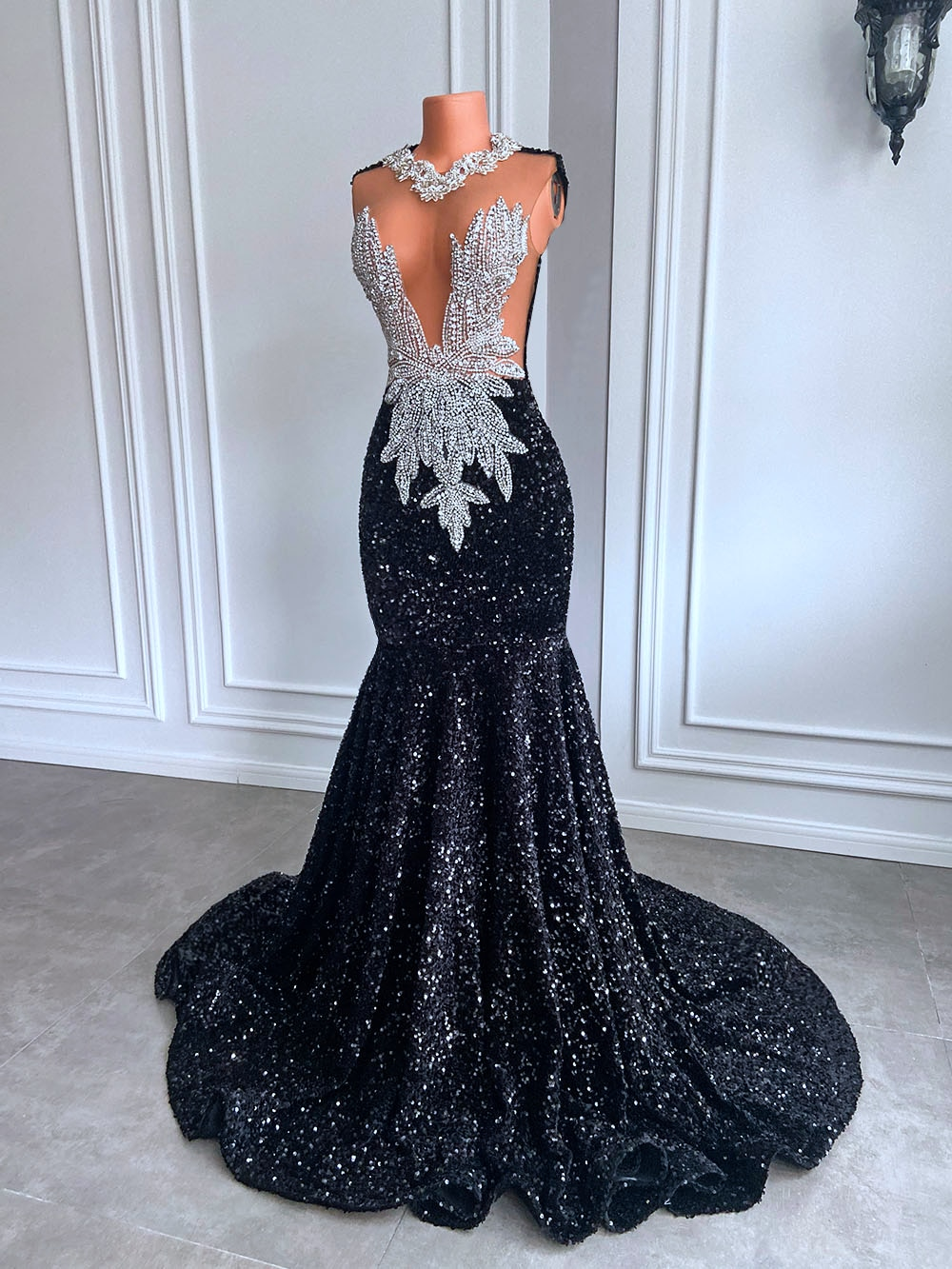 Long Black Prom Dresses 2023 Sexy Mermaid Style Luxury Sparkly Beaded Diamond Sequined African Girl Prom Gala Formal Gowns