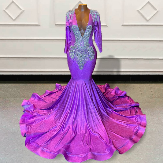 Glitter Beaded Purple Mermaid Long Prom Dresses 2023 for Graduation Party Full Sleeves Backless Women Custom Formal Evening Gown