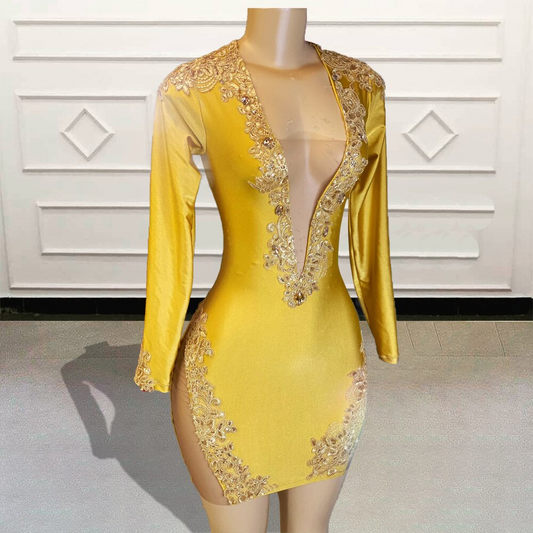 Sexy Black Girls Gold Short Prom Dresses 2023 Lace Beaded Full Sleeves Women Mini Cocktail Gowns for Birthday Party Custom Made