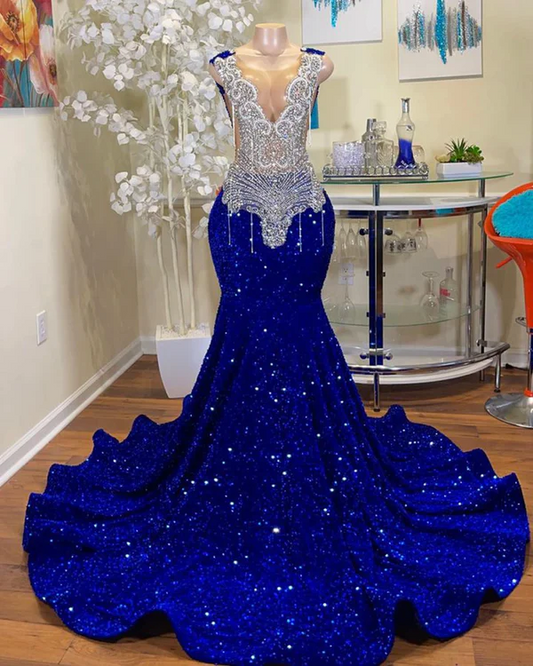 Sexy Mermaid Style Sheer Top Luxury Sparkly Silver Crystals Diamond Black Girls Royal Blue Long Prom Dresses