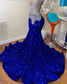 Sexy Mermaid Style Sheer Top Luxury Sparkly Silver Crystals Diamond Black Girls Royal Blue Long Prom Dresses