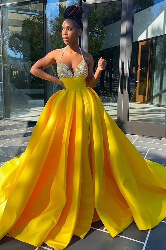 Glamorous Yellow Sequins V-Neck A-Line Prom Dress Sleeveless With Split