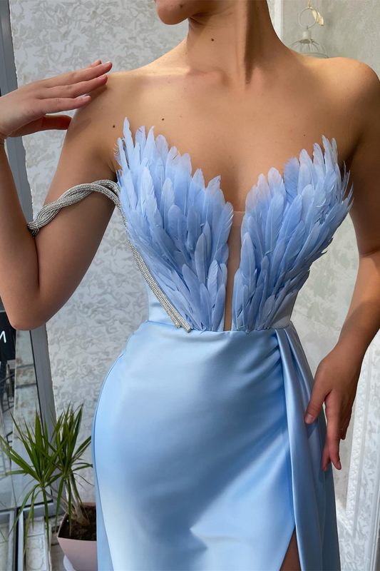 Baby Blue Off-The-Shoulder V-Neck Mermaid Slit Prom Dress With Feathers One Shoulder