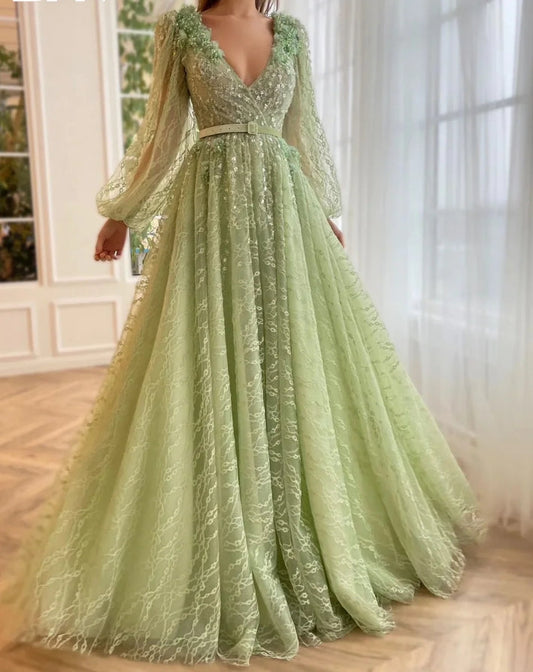 Deep V-neck Sequins Cocktail Party Gown Bohemian Appliques Long Sleeve Prom Dress Sparkly Vestidos De Novia