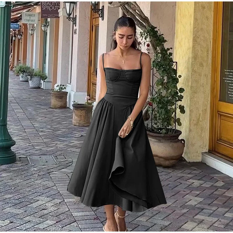 Elegant Spaghetti Strap Midi Dress Women Summer Sexy Backless Sleeveless Big Hem Pockets Dresses Female Fashion Party Club Robes