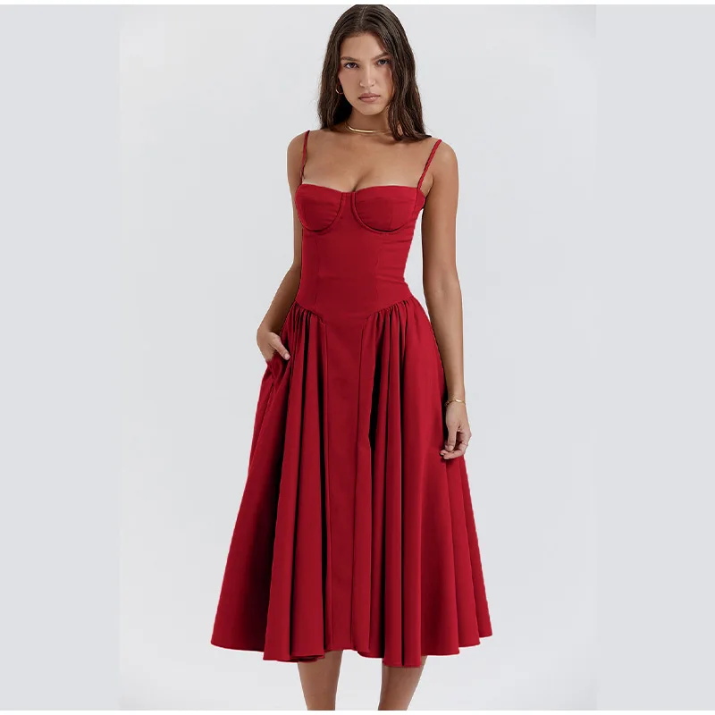 Elegant Spaghetti Strap Midi Dress Women Summer Sexy Backless Sleeveless Big Hem Pockets Dresses Female Fashion Party Club Robes