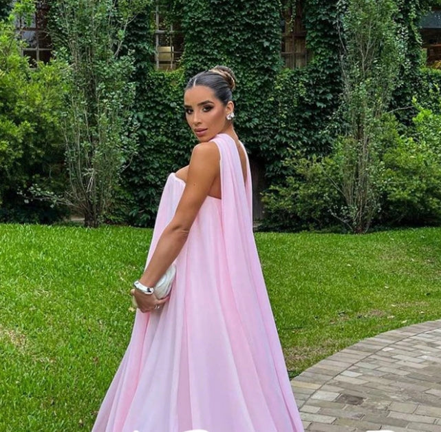 Simple Pink Strapless A Line Evening Dresses With Scraf Chiffon Holiday Gowns Floor Length Dinner Party Dress For Women