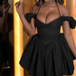 Off Shoulder Short Puff Sleeve Mini Dress For Women Black Slash Neck Halter Slim Vestidos Summer Fashion Party Clubwear Outfits