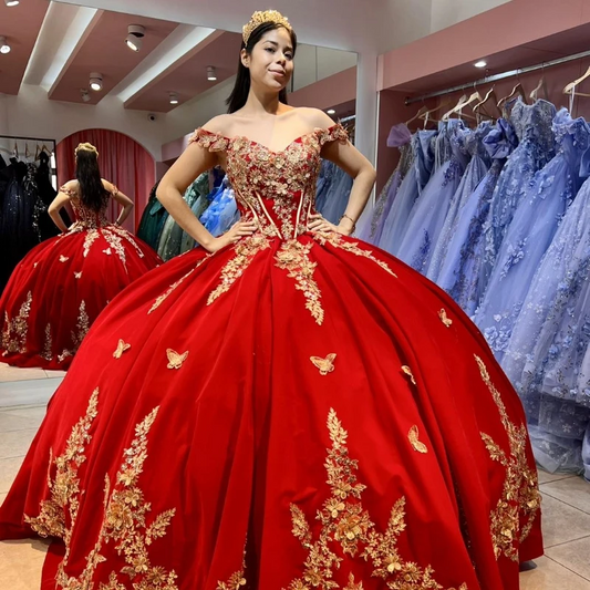 Red Ball Gown Quinceanera Dresses Sweet 16 Dress Tulle Gold 3D Flowers Bow