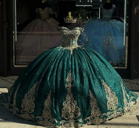 Green Quinceanera Dress Ball Gown Gold Lace Applique Beaded Corset Sweet 16