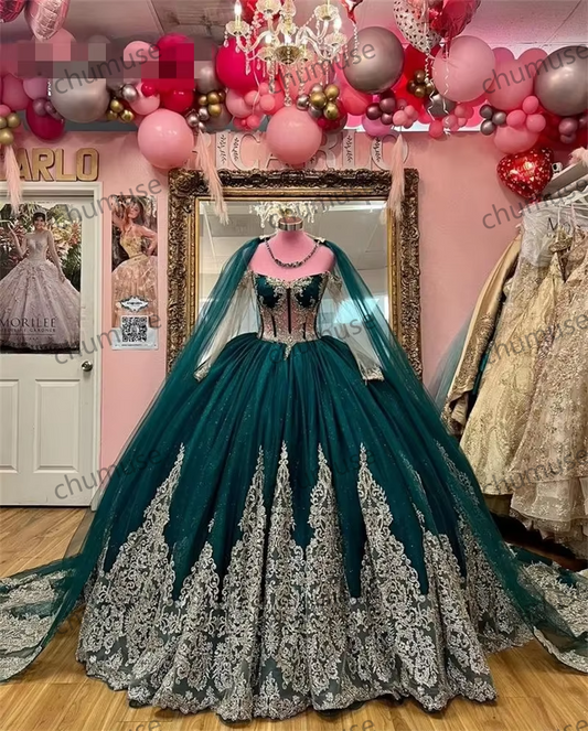 Emerald Green Princess Quinceanera Dresses With Cape Sequins Appliques Sweet 16 Prom Birthday Party