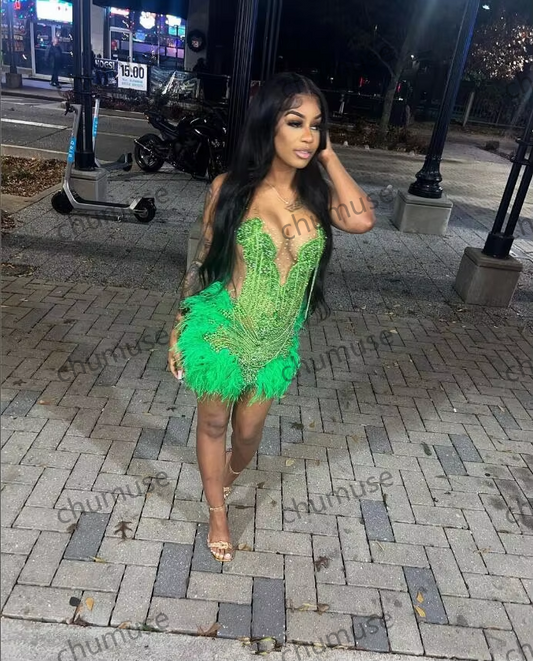 Green Diamond Crystal Birthday Homecoming Party Dress Beaded