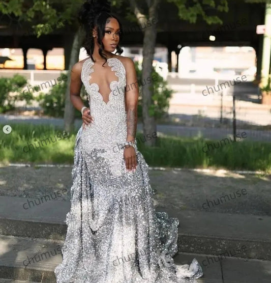 Sexy Diamond Silver Mermaid Prom Formal Dress Black Girl Sparkly