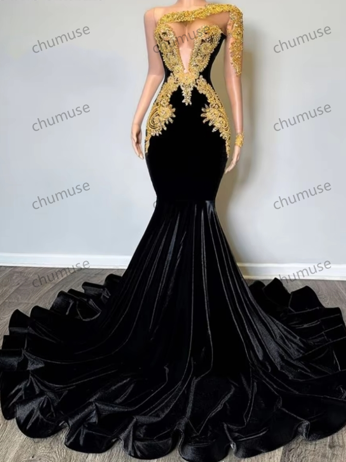 Gold Beaded Lace Appliques One Shoulder Long Sleeve Black Velvet Prom Dresses For Party Wedding Evening Black Girls Customized