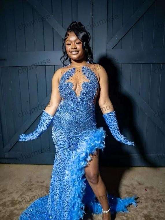 Blue Sexy Beaded Beaded High Split Feather Black Girls Wedding Queen Gowns