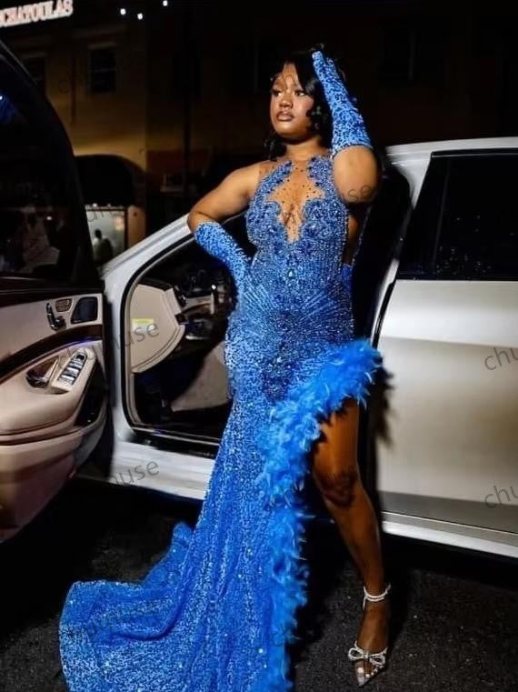 Blue Sexy Beaded Beaded High Split Feather Black Girls Wedding Queen Gowns