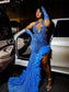 Blue Sexy Beaded Beaded High Split Feather Black Girls Wedding Queen Gowns