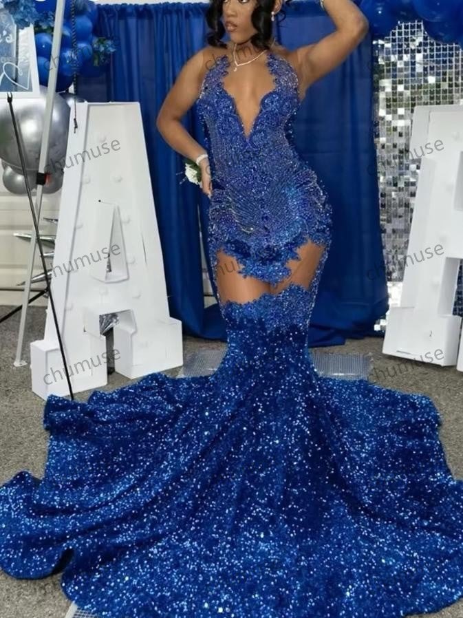 Blue Sequin Prom Dresses Rhinestone Beaded Mermaid Black Girls