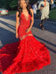 Beautiful Red Prom Dresses With Rose Bottom Elegant Mermaid Black Girls Evening Gowns African Lace Formal Birthday