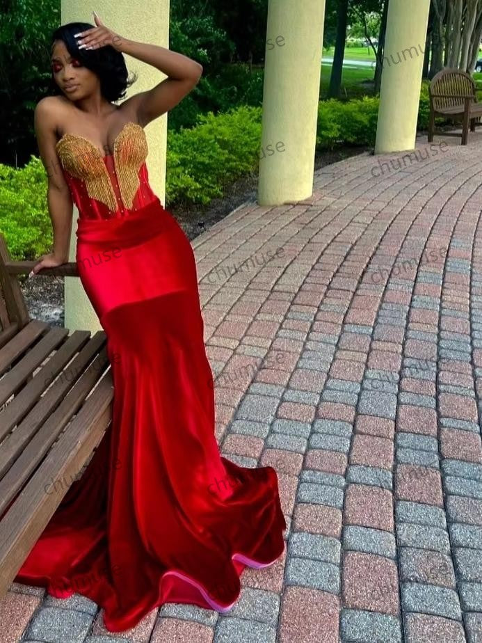 Sexy Red Black Girls Prom Dress Gold Lace Appliques Beading African Formal Party