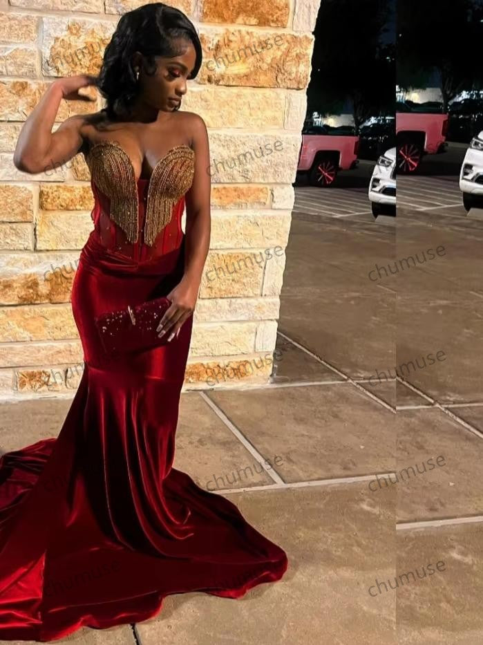 Sexy Red Black Girls Prom Dress Gold Lace Appliques Beading African Formal Party