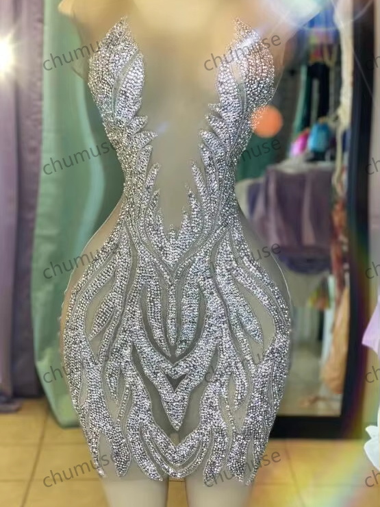 African American Short Prom Birthday Dresses Gillter Sparkly Sheer Mesh Black Girl Evening Cocktail Gown silver beaded crystal