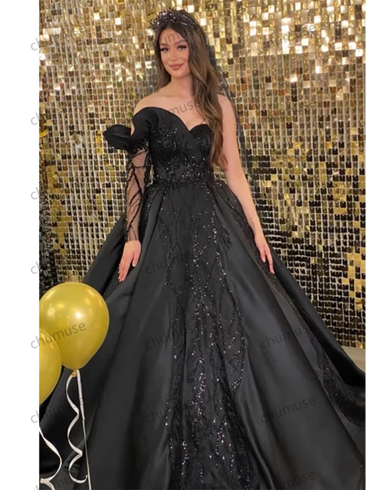 Black Wedding Dress Sweetheart One Long Sleeve Appliques Sequined Ball Gown Formal Party Elegant Bridal Dresses