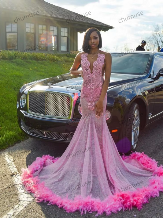 Luxury Pink Feathers Prom Dresses For Black Girls Crystal Beading African Women Pageant Party Gowns