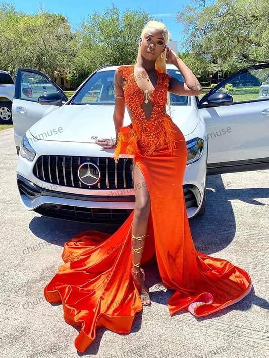 Luxury Orange Diamond Prom Dresses For Women Sexy Slit Beads Birthday Party Dress With Feathers