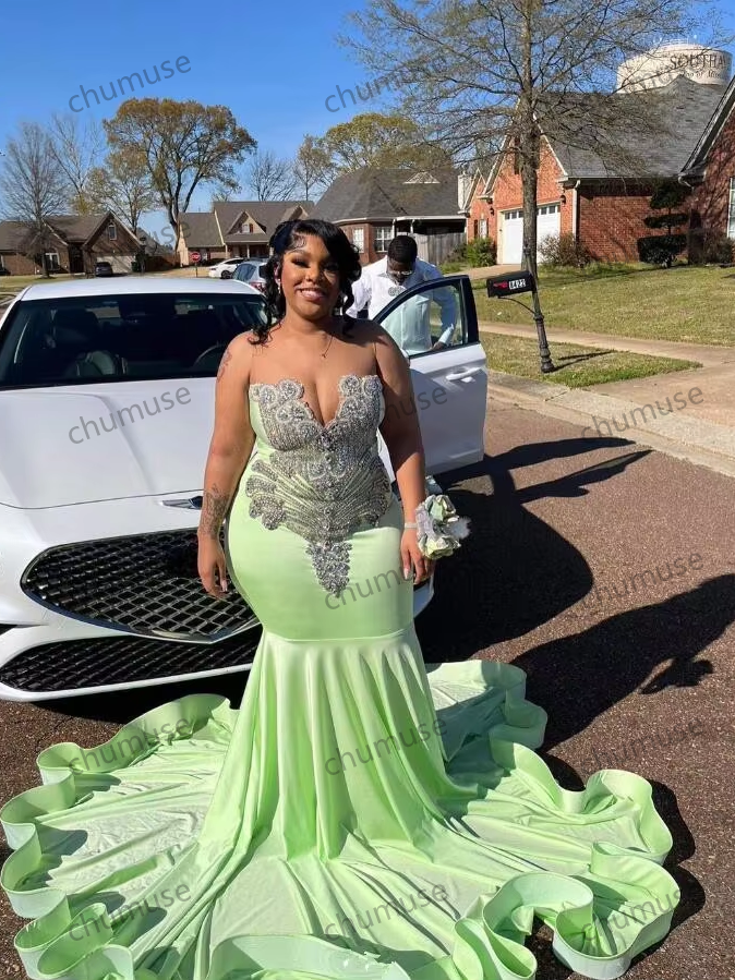 Mint Green Sparkly Mermaid Prom Ceremony Formal Dresses for Black Girl Luxury Diamond Evening Birthday Gala Dress Plus Size