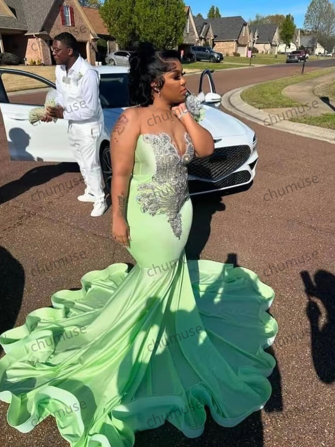 Mint Green Sparkly Mermaid Prom Ceremony Formal Dresses for Black Girl Luxury Diamond Evening Birthday Gala Dress Plus Size