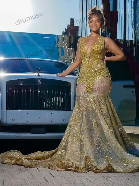 Gold O Neck Long Prom Dresses For Black Girls Beaded Crystal Rhinestone Birthday Luxury Dress Mermaid Graduation Gown