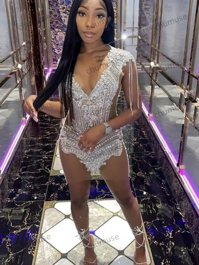 Silver V Neck Short Prom Dress For Black Girls Beaded Evening Gown Tassel Birthday Party Gowns Mermaid Customized