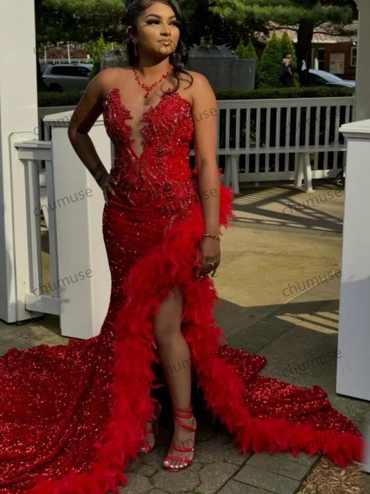 Sexy Black Girls Sequins Red Prom Dress Feather Crystal Beaded High Slit African Party Aso Ebi Gown