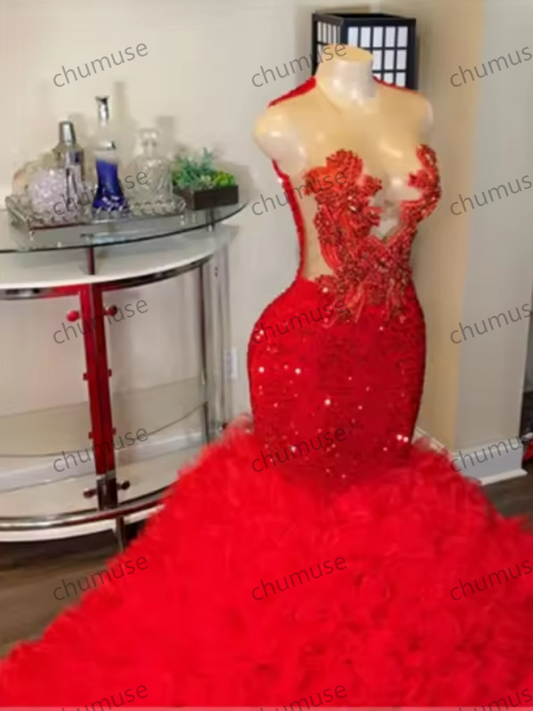 Designer Red Beaded Crystal Tulle Ruched Train Prom Dresses For Black Girls Mermaid Ladies Dress Special Wedding Customized