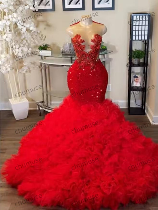 Designer Red Beaded Crystal Tulle Ruched Train Prom Dresses For Black Girls Mermaid Ladies Dress Special Wedding Customized