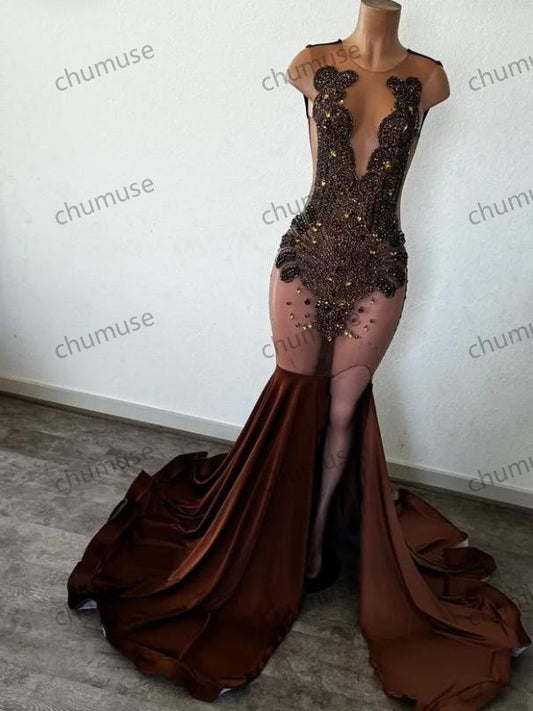 Brown Cocktail Dress Sexy Rhinestone Pearls Sequin Embellished Gowns Black Girls Slit Ruffle Fishtail Dresses