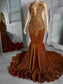 Luxury Orange Mermaid Long Prom Dress For Black Girls O-Neck Bead Crystals Gown Birthday Party Gown Senior Evening Vestido