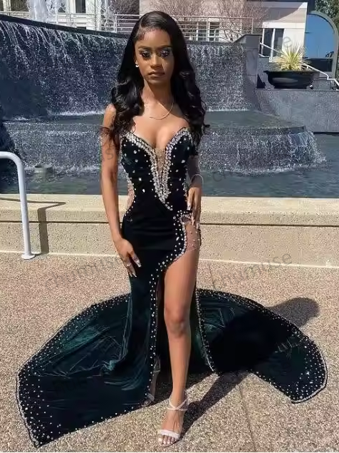 Slit African American Prom Dresses Mermaid Spaghetti Strap Velvet Beaded Black Girl Nigeria Saudi Arabia Evening Gown Customized